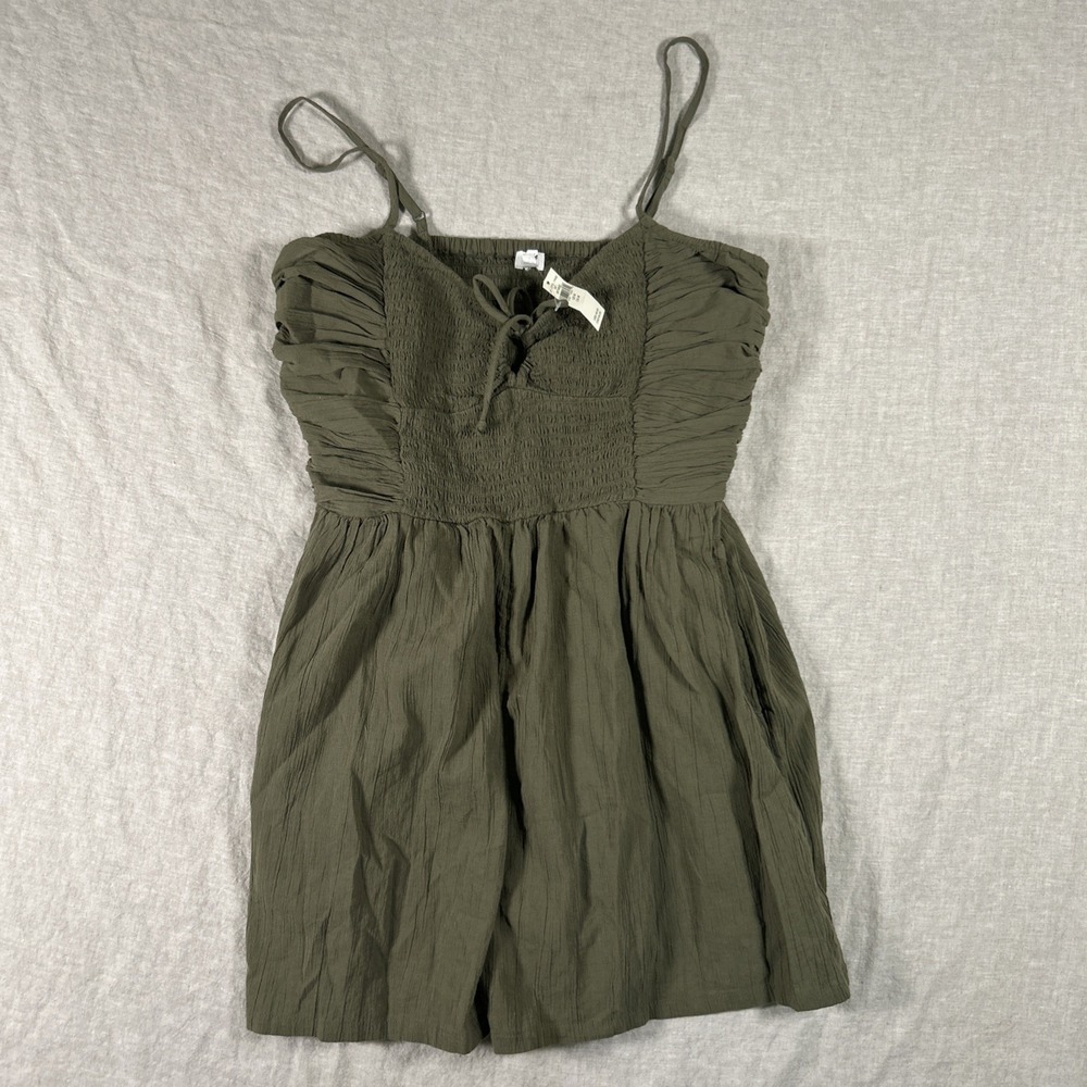 Aerie Women Romper Shorts Spaghetti Strap Ruched Green Pockets NWT 100% Cotton M